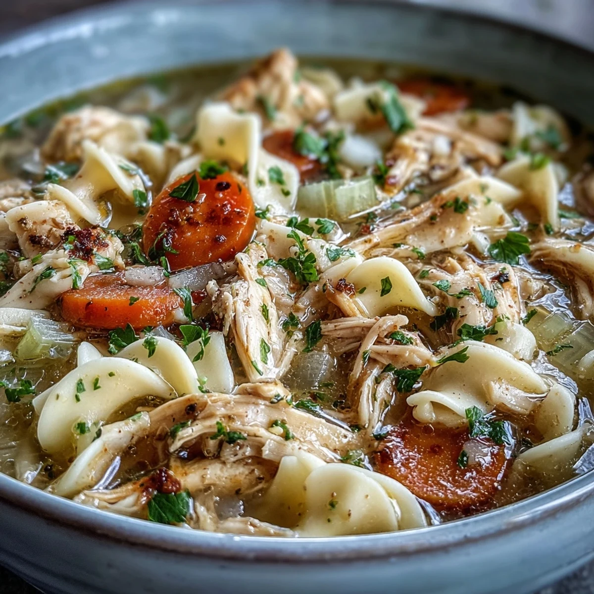 Hearty Instant Pot Chicken Noodle Soup with tender shredded chicken, carrots, and celery in a savory broth.