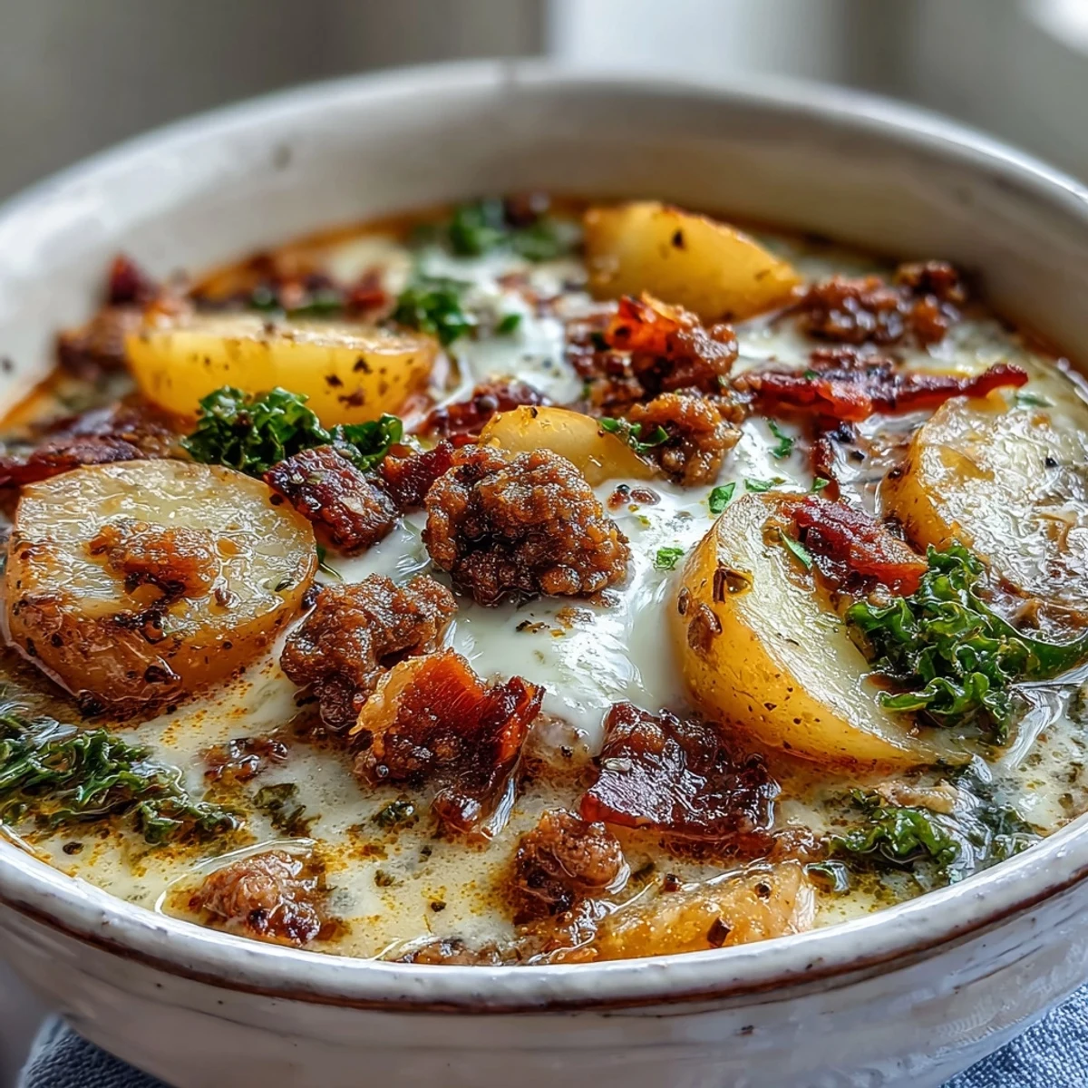Creamy Italian Sausage Soup with tender potatoes and fresh kale, garnished with crispy bacon.