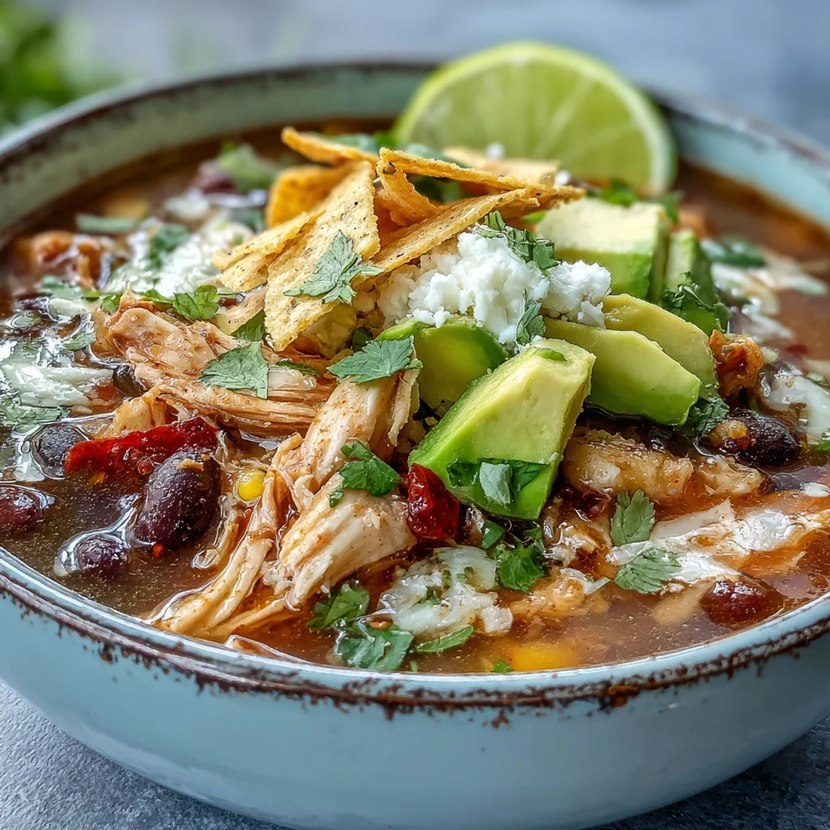 Instant Pot Chicken Tortilla Soup ready to eat, garnished with cheese and sour cream for a comforting dinner.