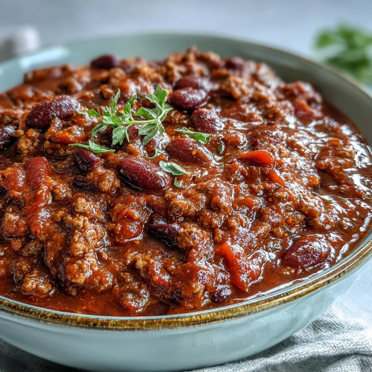 Thick, hearty Slow Cooker Chili with shredded cheese and sour cream, served in a rustic bowl over a checkered tablecloth.