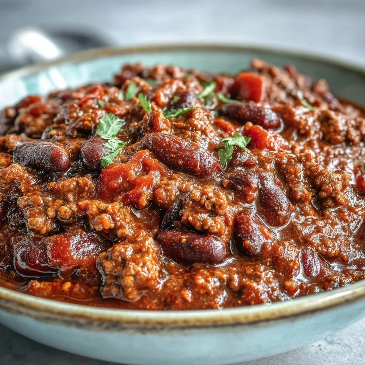 Easy Slow Cooker Chili garnished with fresh cilantro and green onions, perfect for a cozy family dinner or game day.