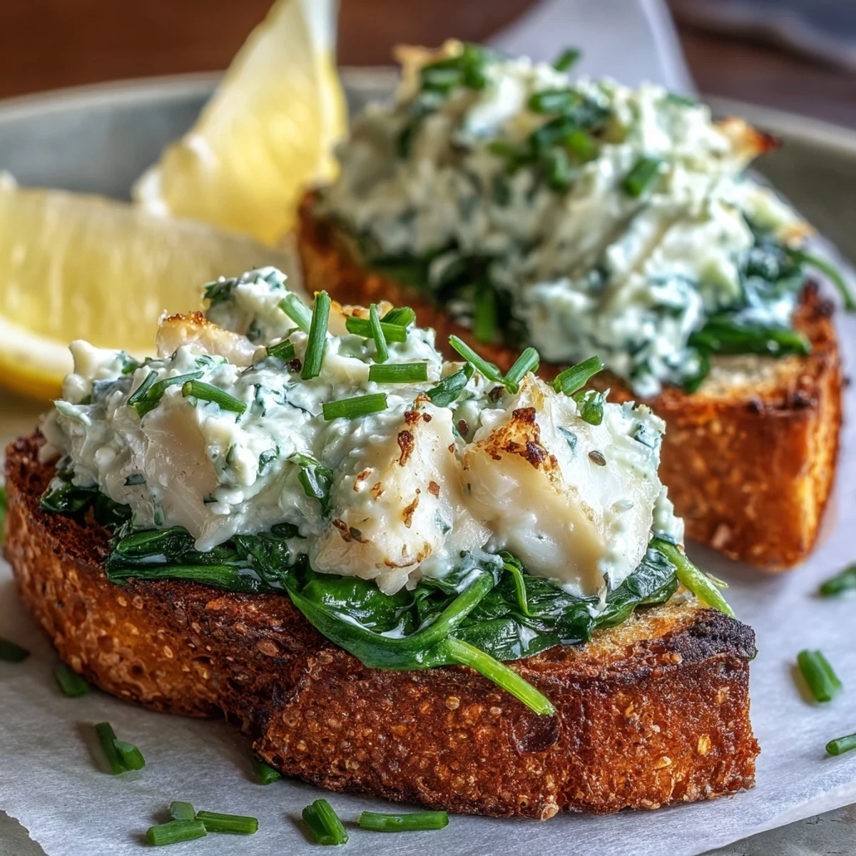 A close-up of Smoked Haddock and Spinach Rye Toasts featuring buttery spinach, flaky fish, and chopped chives for a savory breakfast.