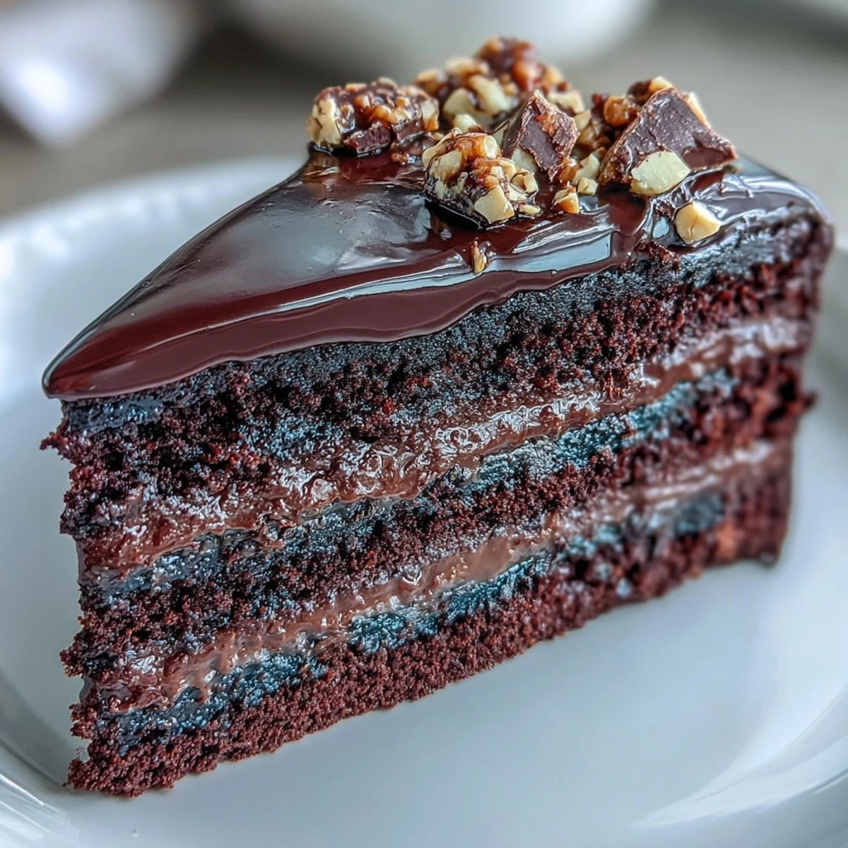 A slice of moist chocolate celebration cake reveals rich ganache layers and crunchy hazelnut praline on a rustic plate.  