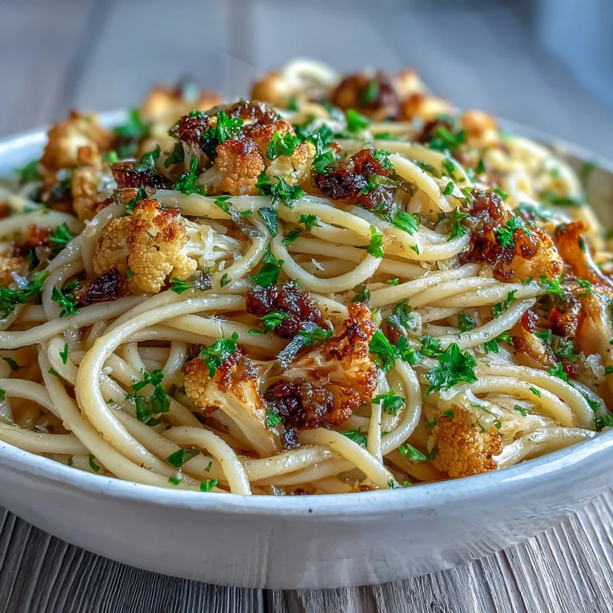 Golden roasted cauliflower, savory anchovy fillets, and sweet raisins tossed with al dente whole wheat spaghetti in a vibrant Italian-inspired bowl.