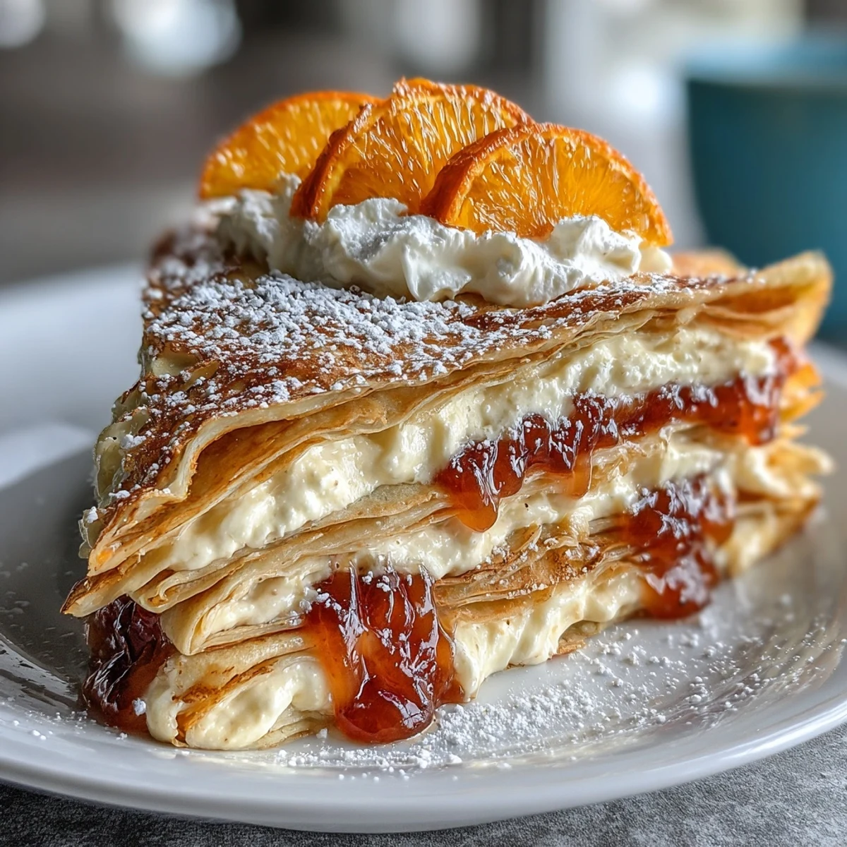 Freshly sliced Blood Orange Curd Crêpe Cake reveals fluffy whipped cream layers and vibrant citrus curd inside.