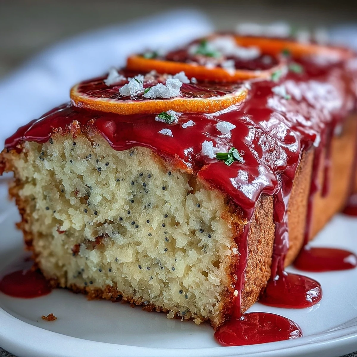 Freshly baked Blood Orange Loaf Cake studded with poppy seeds, revealing a moist crumb with marzipan swirls and ruby-red blood orange zest.