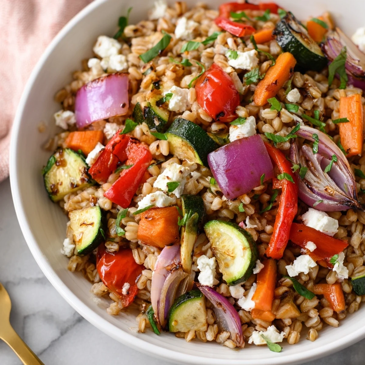 Hearty farro with roasted vegetables, a colorful, flavorful Mediterranean main dish.