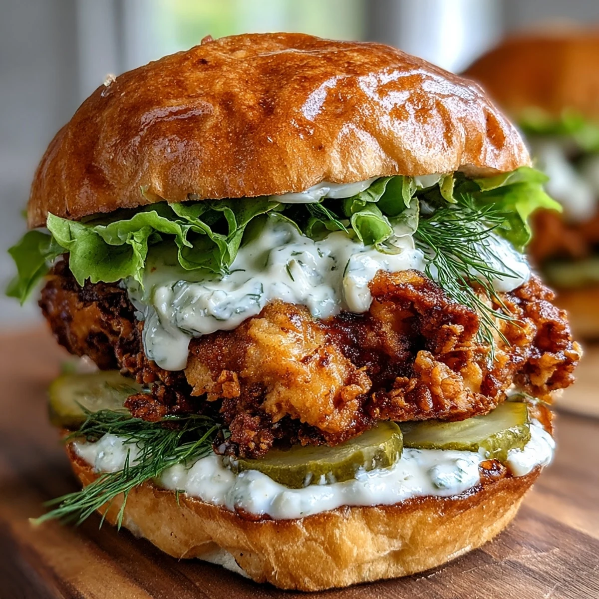 Golden-brown fried chicken breasts piled high on a toasted brioche bun with fresh lettuce, pickles, and creamy homemade sauce drizzled over the top.  