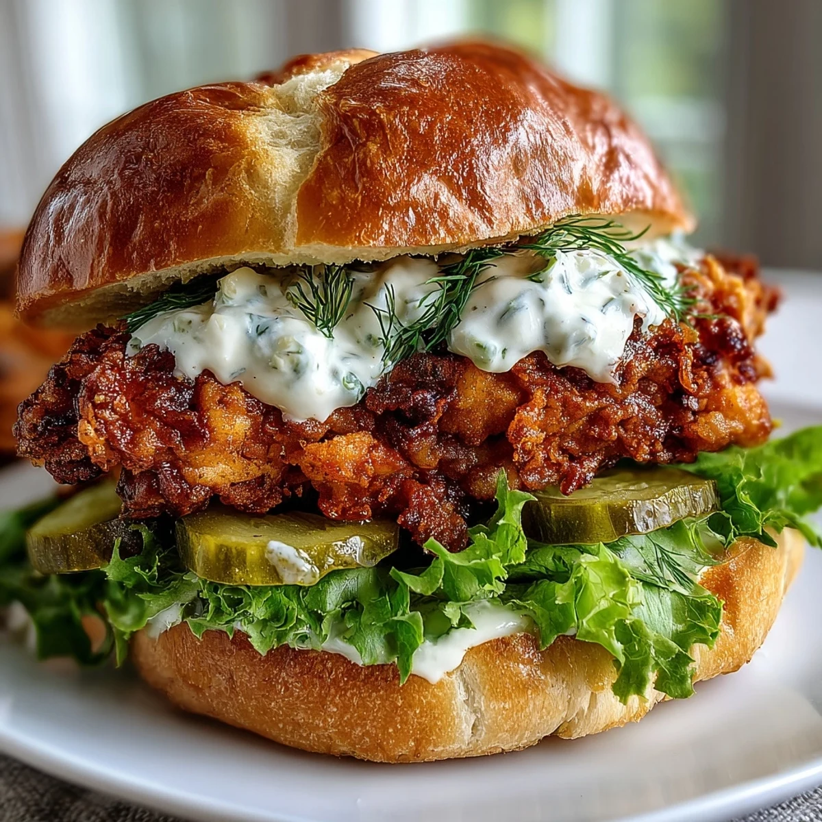 A close-up view of the crispy, spicy chicken sandwich, showing the juicy interior and generous layers of toppings and sauce.  