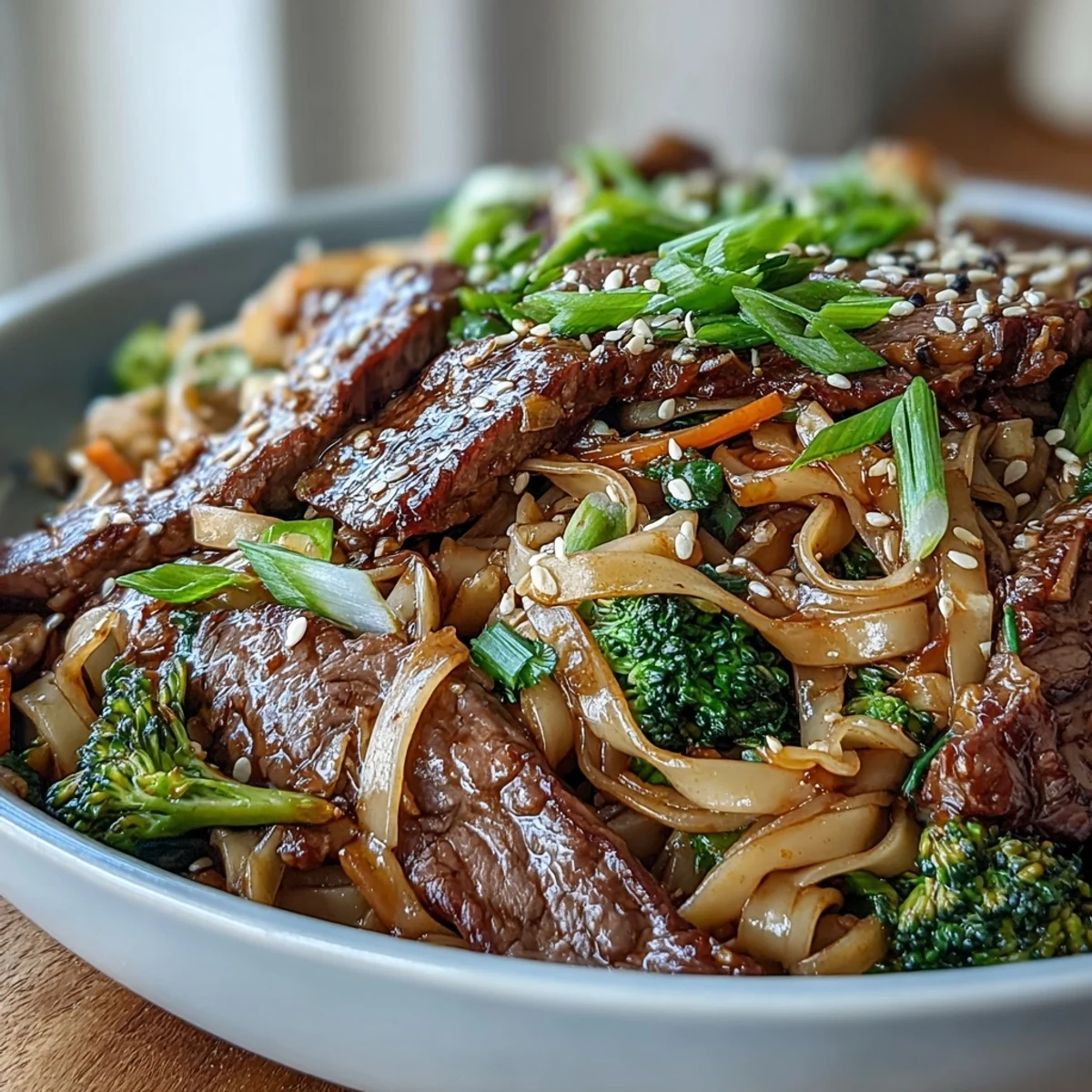 Glossy soy-brown sugar sauce coats every strand of rice noodles in this Korean Beef Noodles dish, finished with fresh green onions and a sprinkle of sesame seeds.