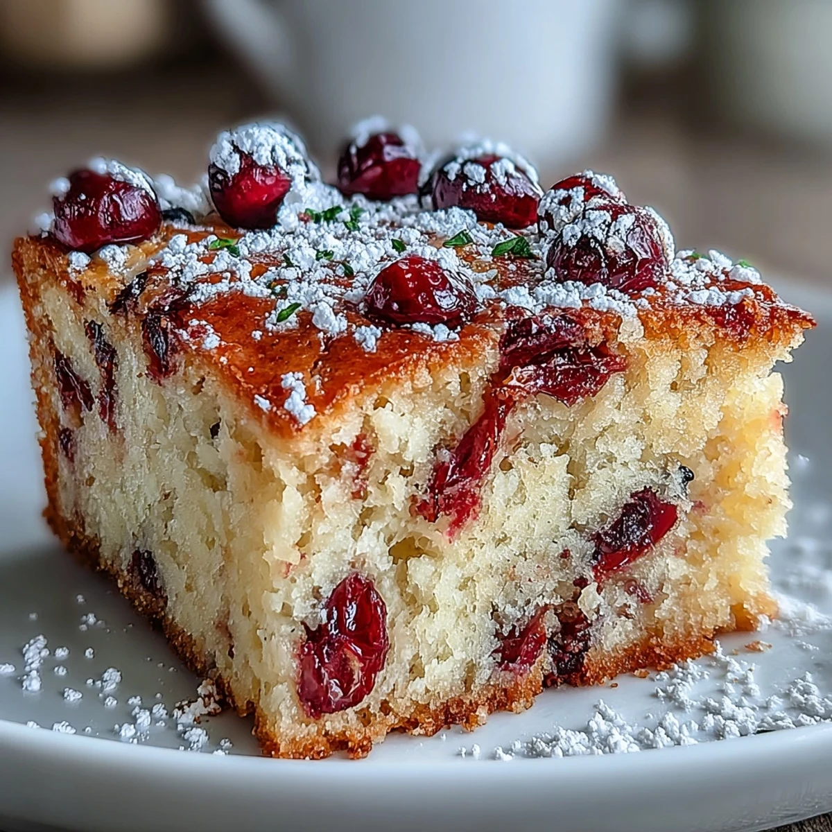 A slice of Cranberry Orange Breakfast Cake with vibrant cranberry pieces and orange zest flecks on a wooden board, a dusting of powdered sugar topping the moist crumb, ready to be served for a cozy morning.