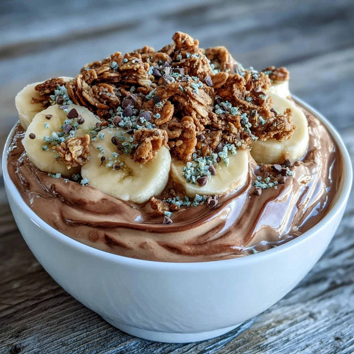 A healthy Chunky Monkey Smoothie Bowl with hemp seeds and mini chocolate chips for a satisfying breakfast.  