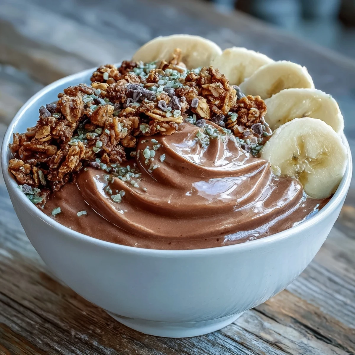 Vibrant Chunky Monkey Smoothie Bowl garnished with sliced banana and gluten-free granola, perfect for an energizing snack.