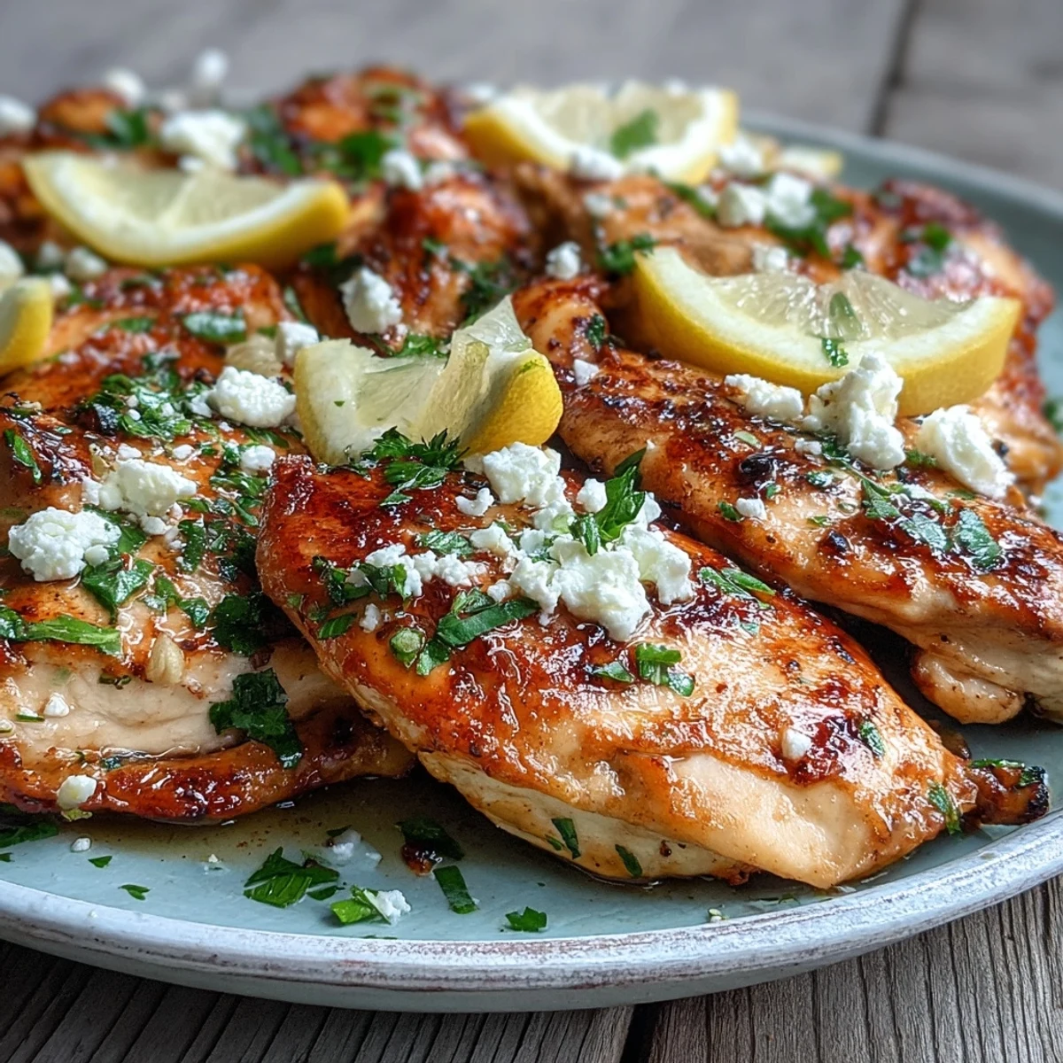 Close-up of Greek Chicken with Lemon and Feta topped with crumbled cheese and vibrant lemon slices.