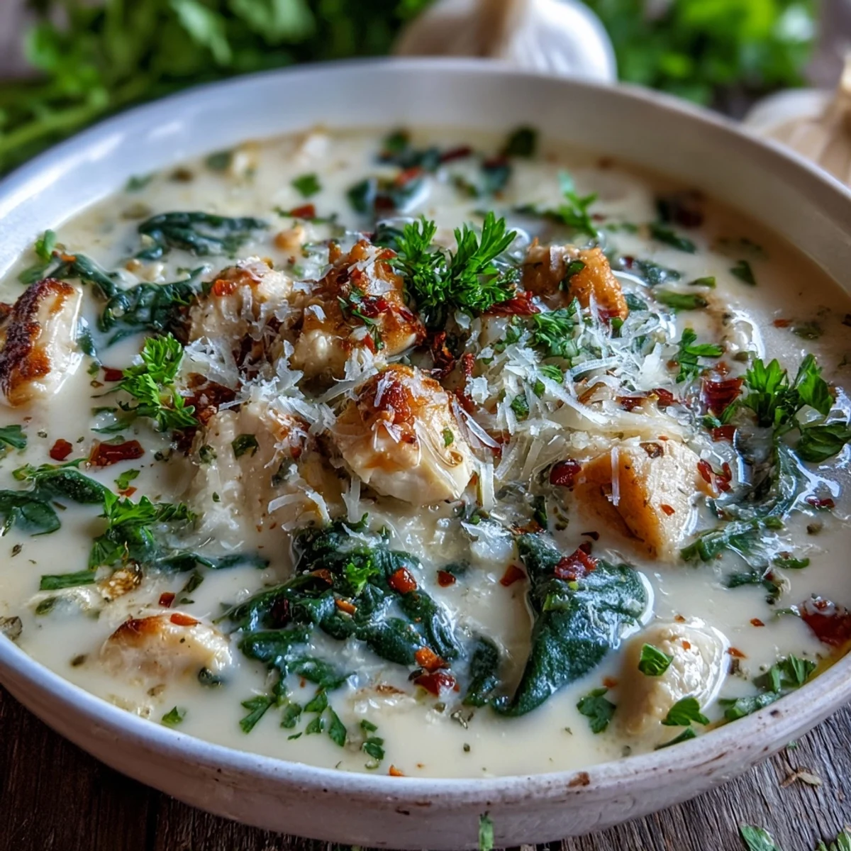 Creamy garlic parmesan chicken soup with tender cubes of chicken, simmered in a velvety broth and garnished with fresh parsley.