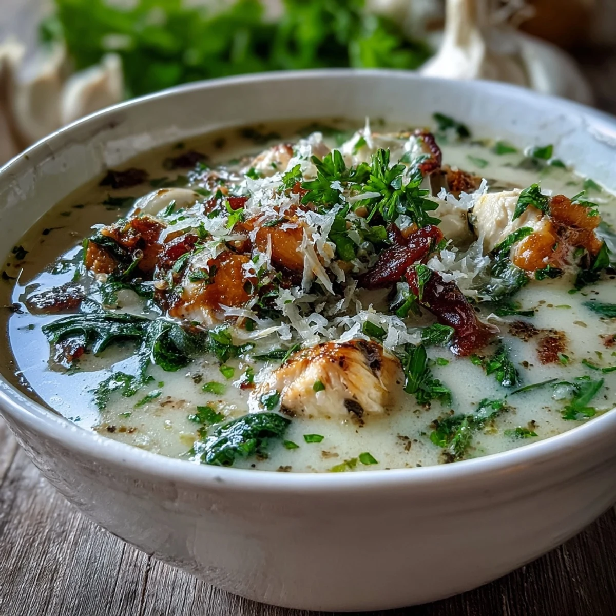 Rich garlic parmesan chicken soup featuring golden chicken pieces and wilted spinach, served hot with a side of crusty bread.