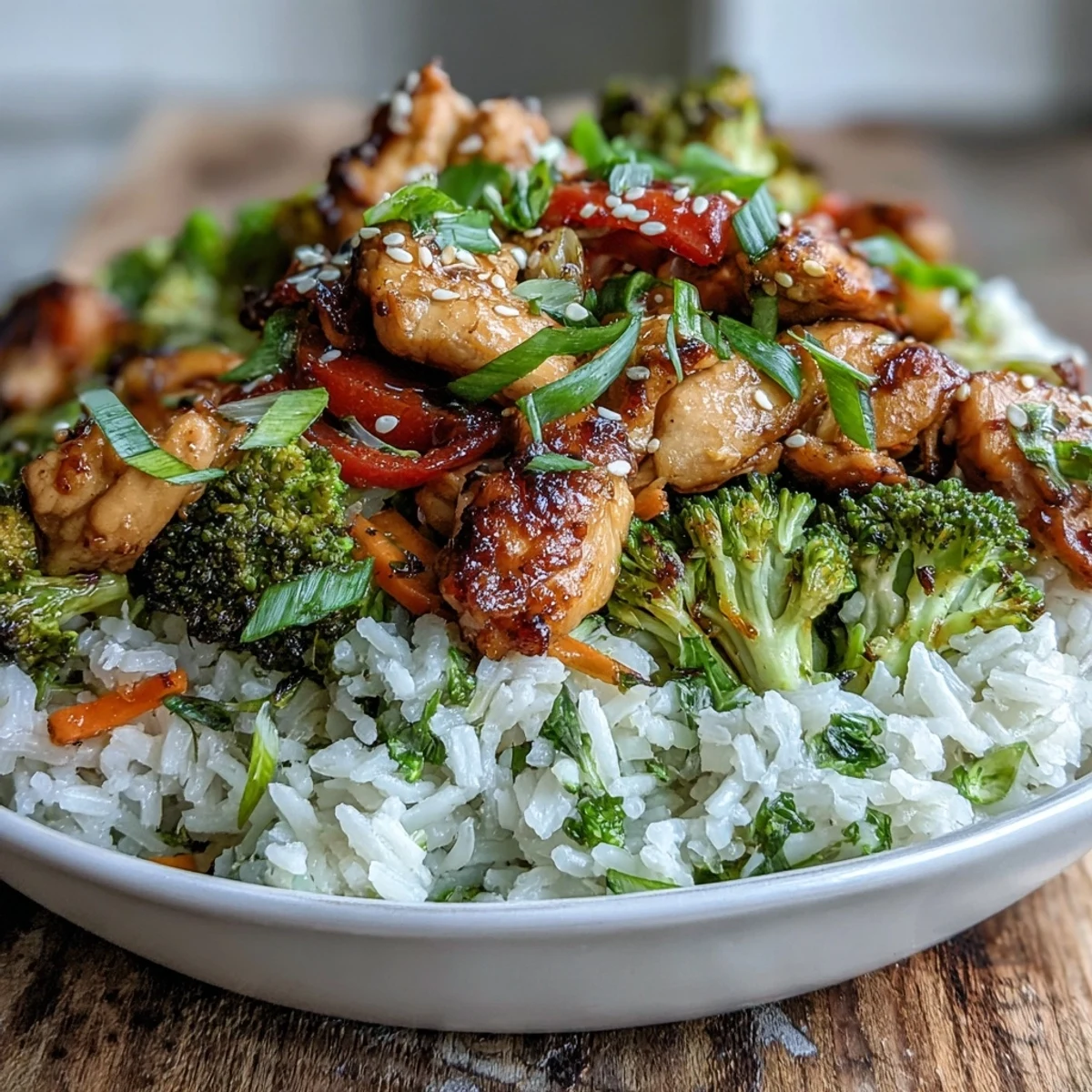 Tender chicken and rice bowl with fluffy grains and colorful sautéed vegetables