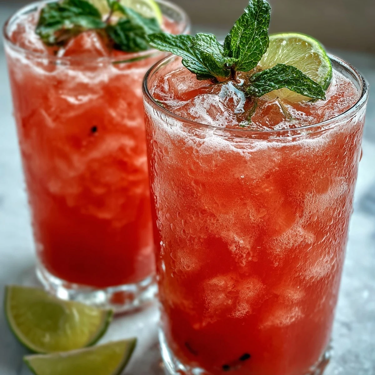 Pink tropical Guava Nectar Drink served over ice, with a lime wedge and mint leaves nearby.
