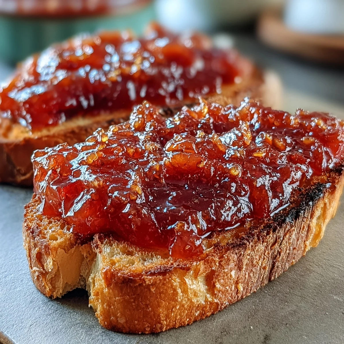 Thick, luscious guava preserves in a jar with a spoonful held up to show its texture and vibrant pink color.