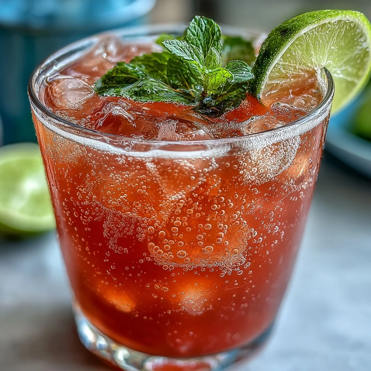 A bubbly tropical spritzer with guava juice and sparkling water, served over ice with a lime slice.