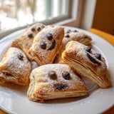 Flaky, oven-baked Sleeping Gingerbread Puff Pastry Pockets, dusted with powdered sugar and happy faces.