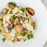 Close-up of freshly made Creamy Mushroom Linguine, with Parmesan and parsley garnish, delicious!