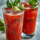 Chilled glasses of Guava Nectar Drink filled with ice and garnished with fresh mint and lime.