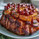 Succulent honey glazed ham studded with pineapple and cherries, offering a sweet and savory main dish for your holiday table.
