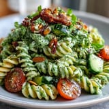 Vibrant green goddess pasta salad featuring cherry tomatoes, cucumber, and spinach, tossed in a smooth avocado-basil dressing.  