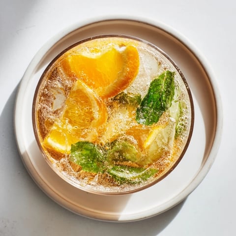 Refreshing probiotic soda mocktail served over ice with citrus and mint.  