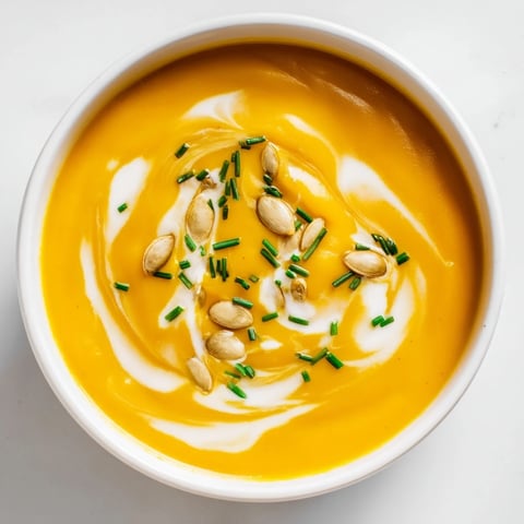 A creamy bowl of Butternut Squash & Pear Soup, swirled beautifully with coconut milk.