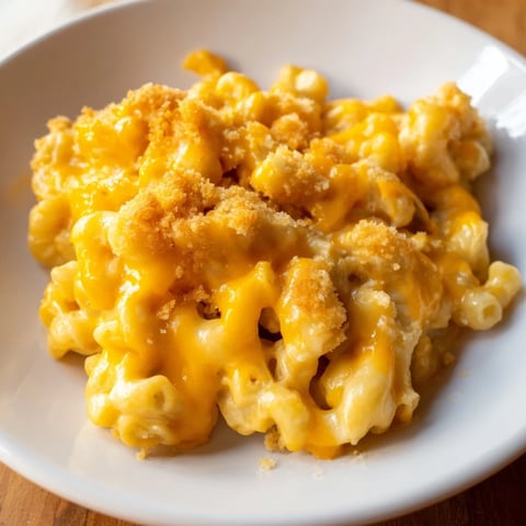 Golden, bubbly Mac & Cheese, with a creamy cheese sauce, perfect for a cozy dinner.