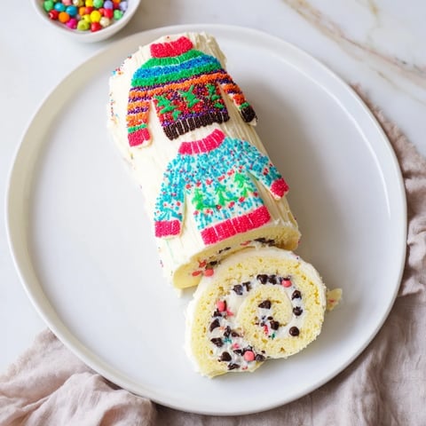 Festive Ugly Sweater Cake Roll with colorful frosted designs, sprinkles, and candies.