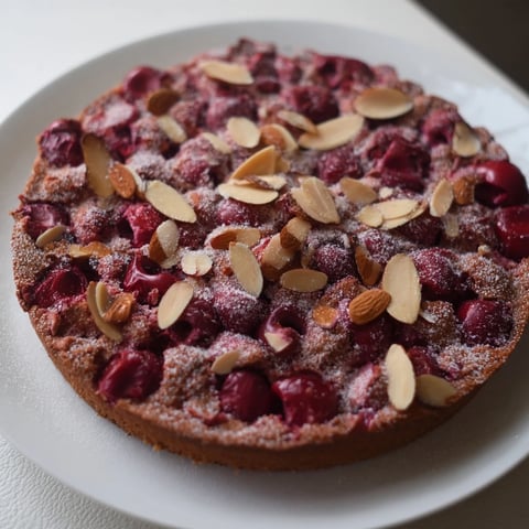 A warm slice of Cherry Almond Loaf Cake, showing the moist crumb and juicy cherries.