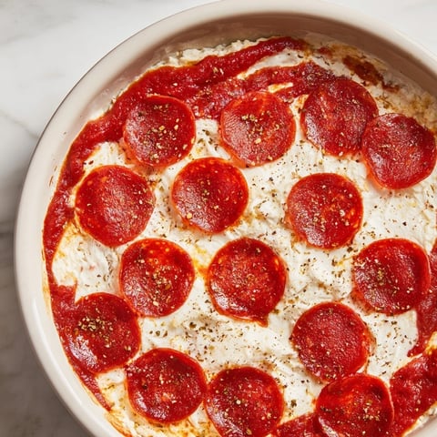 Warm, bubbly Pizza Dip with melted cheese, pepperoni, and served with toasty bread for dipping.