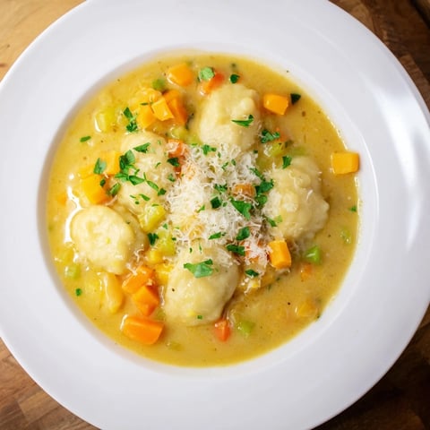 Steaming bowl filled with savory butternut squash gnocchi soup, garnished with fresh parsley and Parmesan.