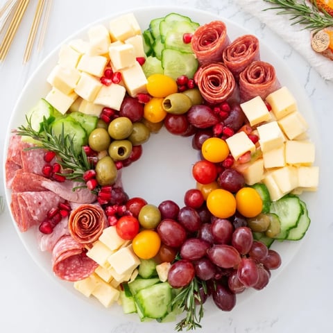 Quick Christmas Charcuterie Wreath Board overflowing with cheeses, meats, and vibrant fruits, ready to serve.