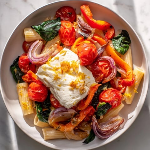 One-Pan Baked Feta Christmas Pasta: Creamy feta cheese melts beautifully with vibrant cherry tomatoes, ready to serve.