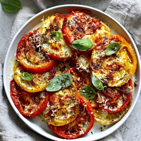 Golden, bubbly Speedy Feta-Free Tomato Bake topped with fresh basil, ready to serve with crusty bread.