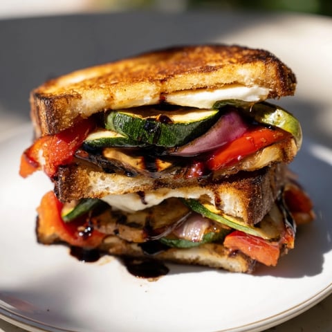Sheet-Pan Roasted Veggie Caprese Grilled Cheese sandwiches with bubbly mozzarella and golden, crispy bread.