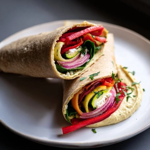 Snowflake Hummus & Roasted Veggie Wrap hack showcasing colorful roasted vegetables and creamy hummus inside.