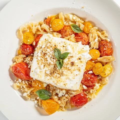 Baked Feta Snowfall Cherry Tomato Christmas Pasta, a vibrant red and creamy dish, ready to eat.