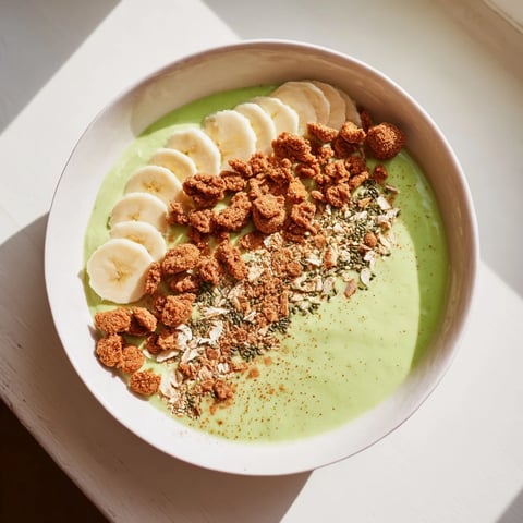 Creamy Gingerbread Cookie Matcha Breakfast Smoothie Bowl, topped with granola and fresh fruit, ready to enjoy.