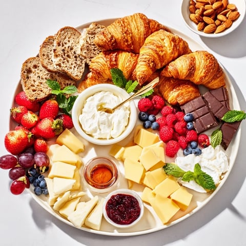 Gift Box Brunch Board overflowing with croissants, berries, cheese, and a range of deliciousness.