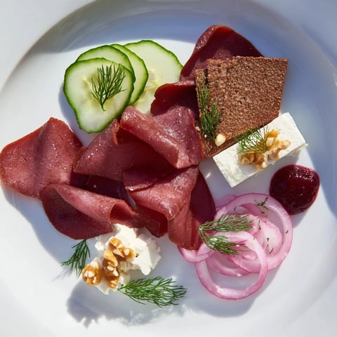 Close-up of a Reindeer Charcuterie Platter showcasing cured meats, cheeses, and vibrant garnishes for a festive snack.