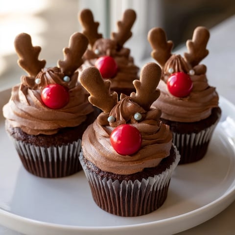 Festive reindeer holiday dessert platter showcases delightful chocolate cupcakes with gingerbread antlers and mousse.