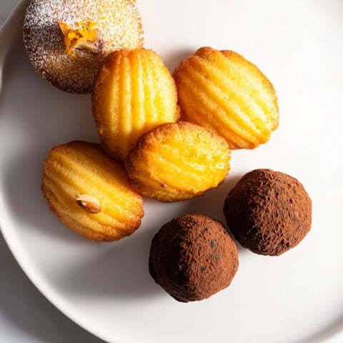 Golden-brown Mignardises Bonne Année 2026, a decadent assortment ready for a New Year's celebration with assorted French sweets.