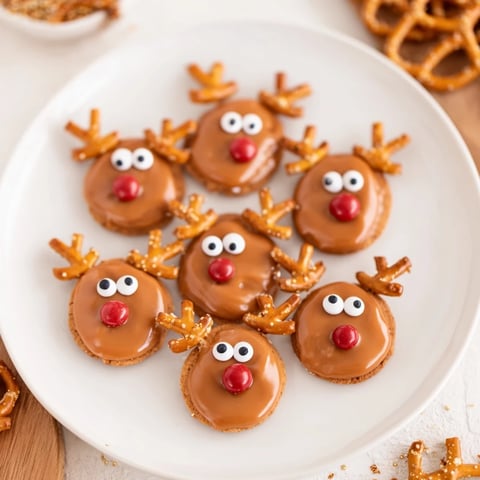 A platter of festive Santa's Reindeer Cookies, beautifully decorated with red noses and pretzel antlers.
