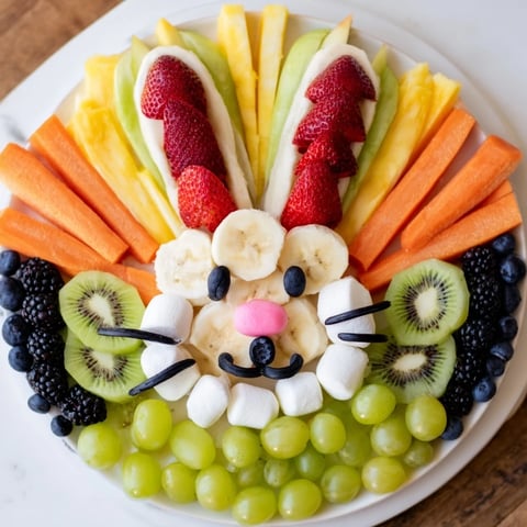 Fresh, vibrant Bunny Face Fruit Salad Platter with watermelon nose and kiwi ears, perfect for Easter!