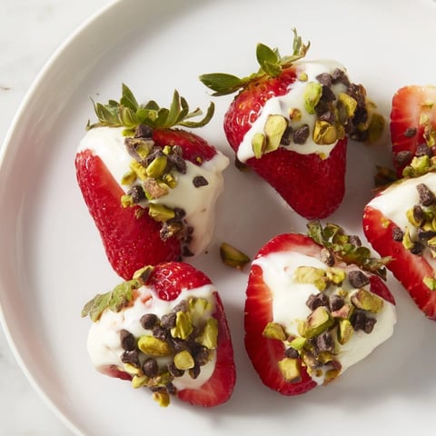 Yogurt Dipped Strawberry halves coated in creamy white yogurt, a refreshing and delicious dessert.